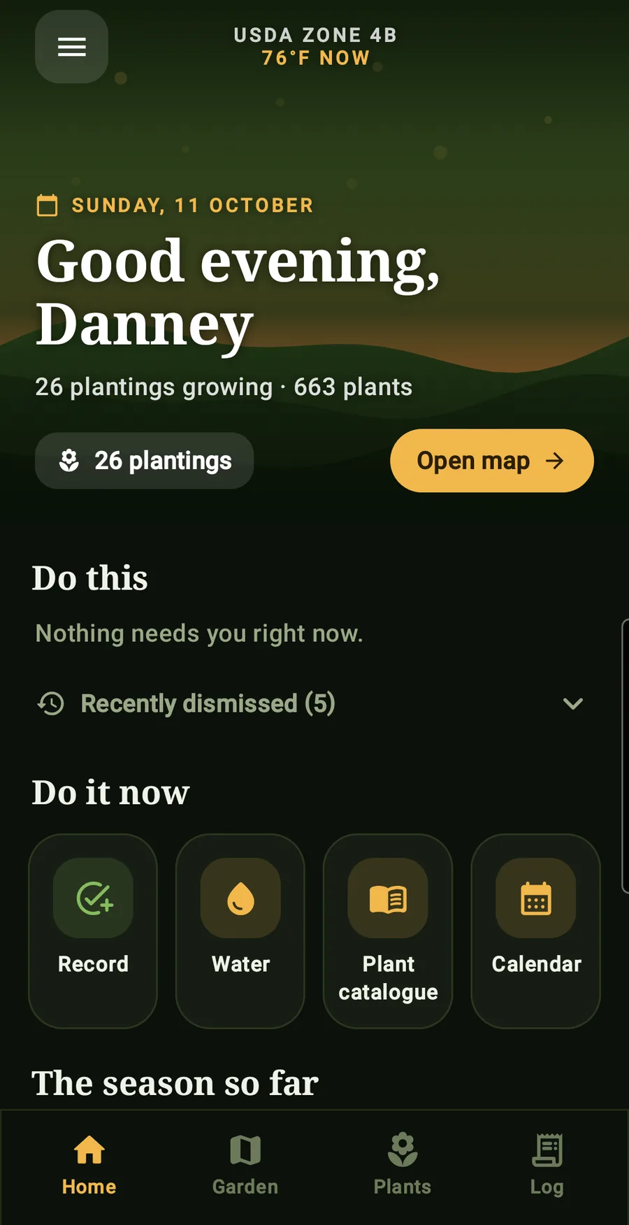 Canopy's Home screen: today's weather and what needs attention in the garden