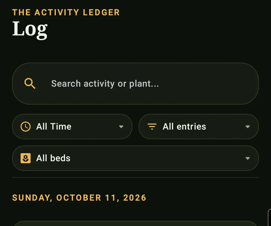 The garden log: searchable, filtered by time, entry and bed, with a photo check of carnations at the top