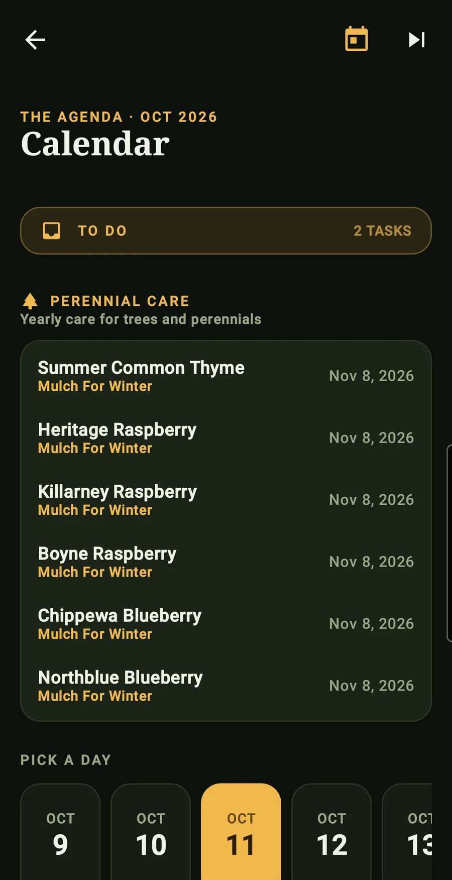 The calendar: dated care for the garden's trees and perennials, with a day picker