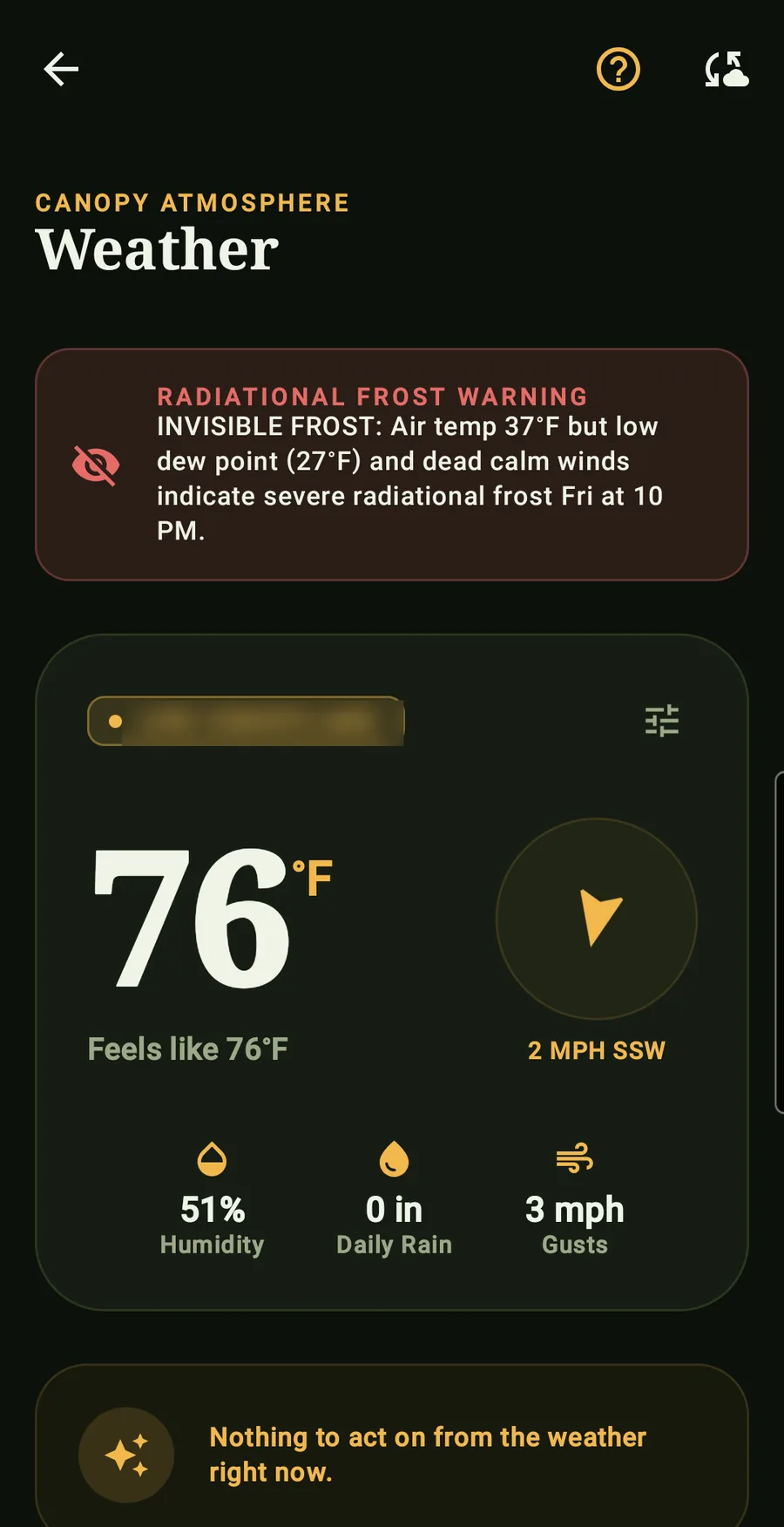 The weather screen warning of an invisible radiational frost from a low dew point and calm winds